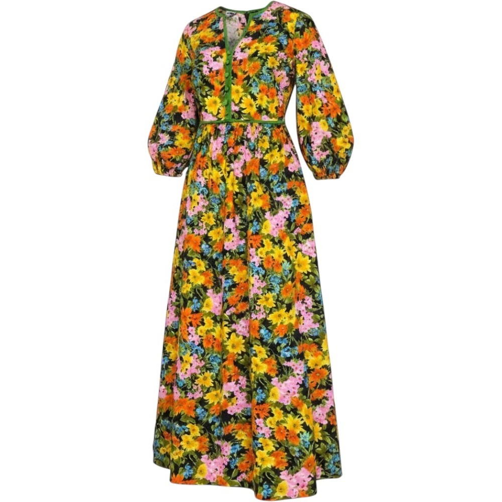 Vintage Tori Richard Honolulu Floral Barkcloth Maxi Dress Green Orange 70s Boho